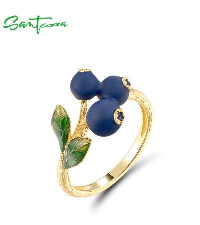 SANTUZZA 925 Silver Ring Fruits Blueberries & Pomegranate Jewelry Enamel - US 9