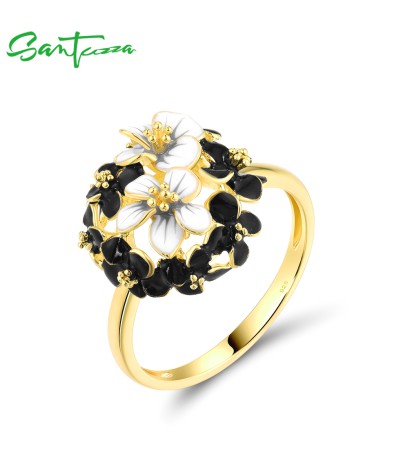 SANTUZZA 925 Sterling Silver Rings Sparkling White&Black Cluster Flower Jewelry - US 8