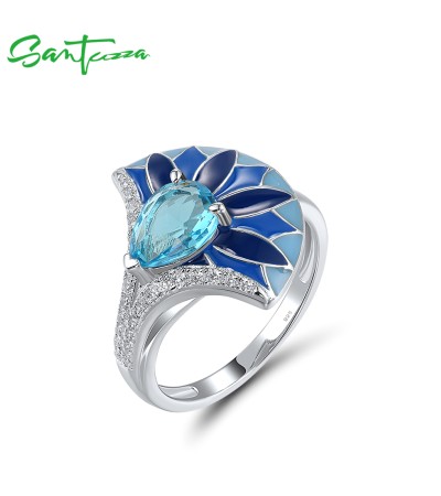 SANTUZZA 925 Sterling Silver Rings Blue Stone Enamel Fan Shape Jewelry - US 9