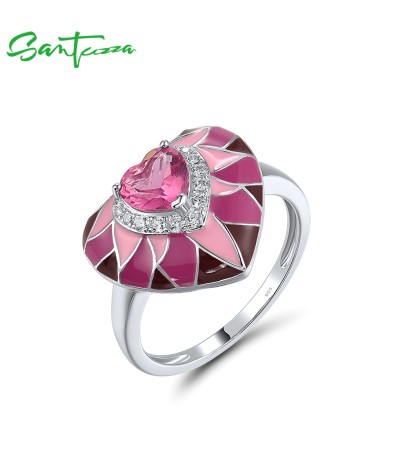 SANTUZZA 925 Sterling Silver Rings Pink Stone Enamel Sweet Heart Jewelry - US 6