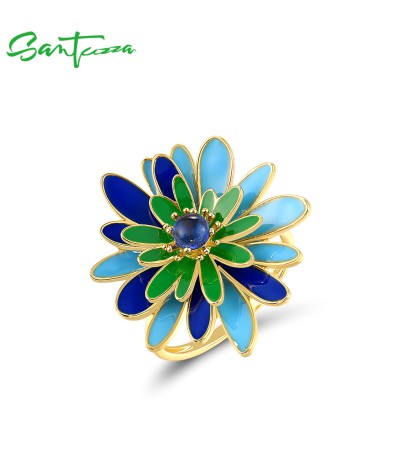 SANTUZZA 925 Sterling Silver Rings Green & Black Enamel Daisy Fine Jewelry - US 7/Blue  Enamel