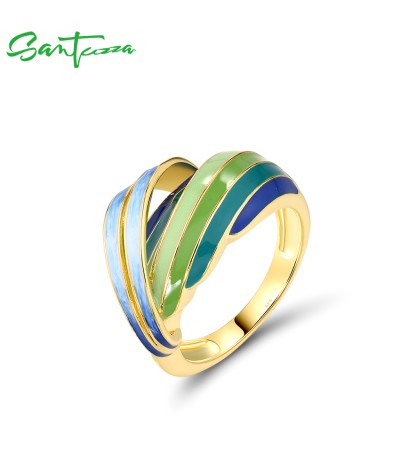 SANTUZZA 925 Sterling Silver Rings Green & Blue Enamel Twisted Pattern Jewelry - US 8