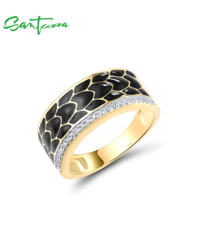 SANTUZZA 925 Sterling Silver Ring White CZ Black Enamel Antique Design Jewelry - US 7