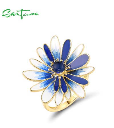 SANTUZZA 925 Sterling Silver Rings White Blue Enamel Chic Daisy Jewelry - US 7