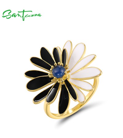 SANTUZZA 925 Sterling Silver Rings White Black Enamel Chic Daisy Jewelry - US 6