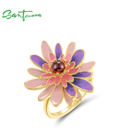 SANTUZZA 925 Sterling Silver Rings Green & Black Enamel Daisy Fine Jewelry - US 8/Pink  Enamel
