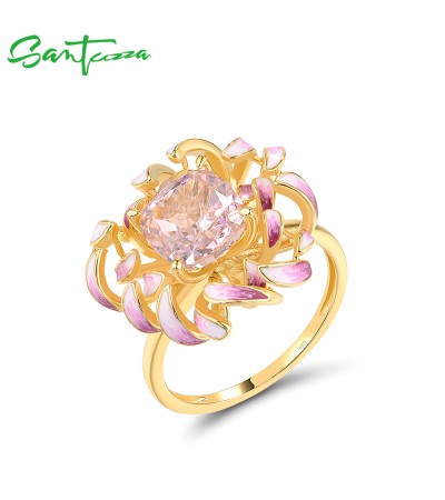 SANTUZZA 925 Sterling Silver Ring Pink Cubic Zirconia Cornflower Jewelry - US 7