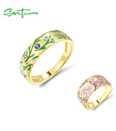 SANTUZZA 925 Sterling Silver Rings Sparkling Green & Purple Flower Party Gifts Fine Jewelry - Green  Enamel/US 6