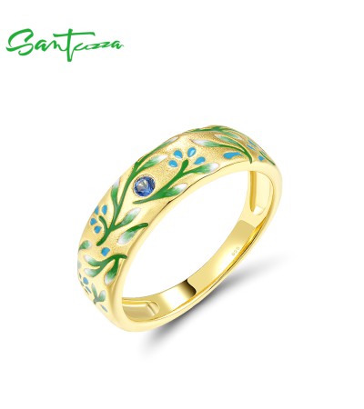 SANTUZZA 925 Sterling Silver Rings Sparkling Green & Purple Flower Party Gifts Fine Jewelry - Green  Enamel/US 7