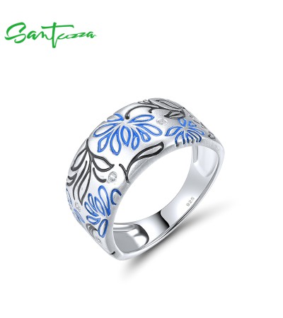 SANTUZZA 925 Sterling Silver Rings Enamel Flower Creative Birthday Daily Gifts Fine Jewelry - Silver Color/US 8