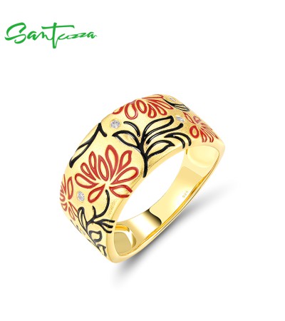 SANTUZZA 925 Sterling Silver Rings Enamel Flower Creative Birthday Daily Gifts Fine Jewelry - Yellow Gold Plating/US 9