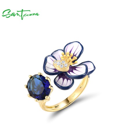 SANTUZZA 925 Sterling Silver Opened Rings Sparkling Blue Stone Enamel Flower Jewelry - US 8