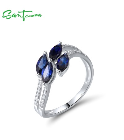SANTUZZA 925 Sterling Silver Rings White CZ Created Blue Sapphire Jewelry - US 6