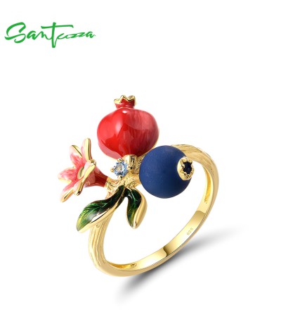 SANTUZZA 925 Sterling Silver Rings Blueberries & Pomegranate Enamel Fruits Flower Jewelry
