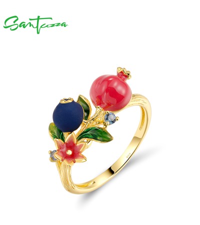 SANTUZZA 925 Sterling Silver Rings Blueberries & Pomegranate Enamel Fruits Flower Jewelry - US 9