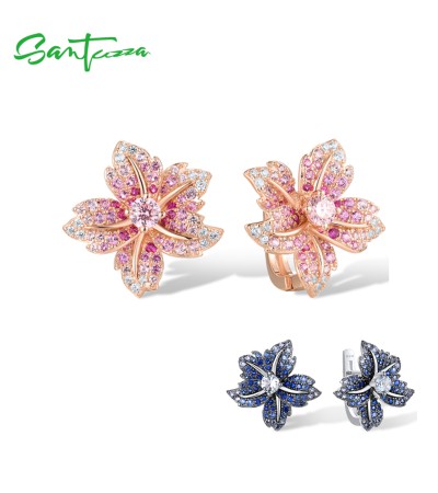 SANTUZZA 925 Sterling Silver Earrings For Women Blue Pink Stone Lily Flower Jewelry - Rose Gold Plating/Pink and Red Stones