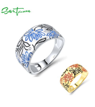 SANTUZZA 925 Sterling Silver Rings Enamel Flower Creative Birthday Daily Gifts Fine Jewelry - Yellow Gold Plating/US 6