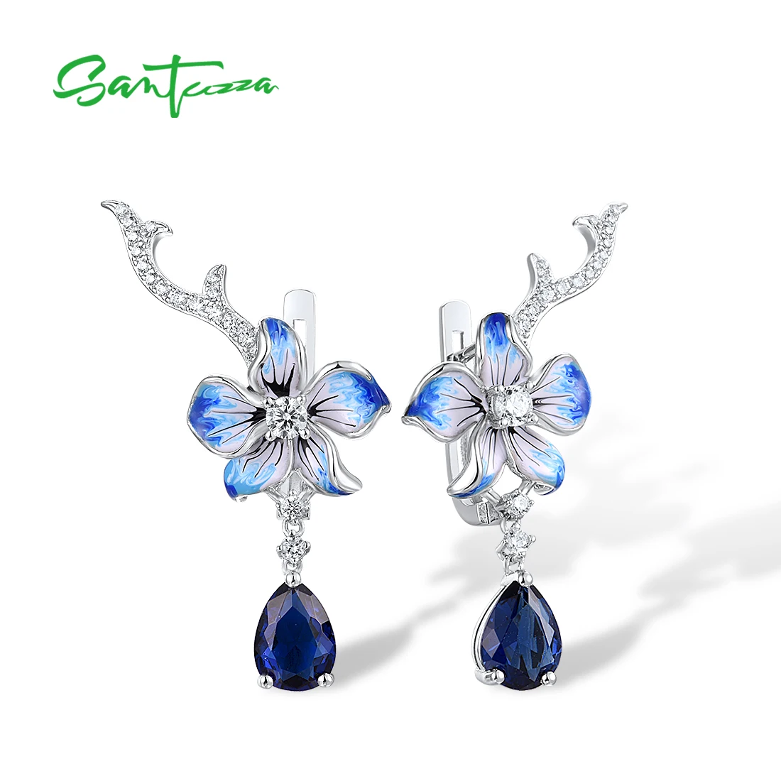 SANTUZZA Pure 925 Sterling Silver Drop Earrings For Women Sparkling Blue Stones White CZ Flower Enamel Fine Jewelry Handmade