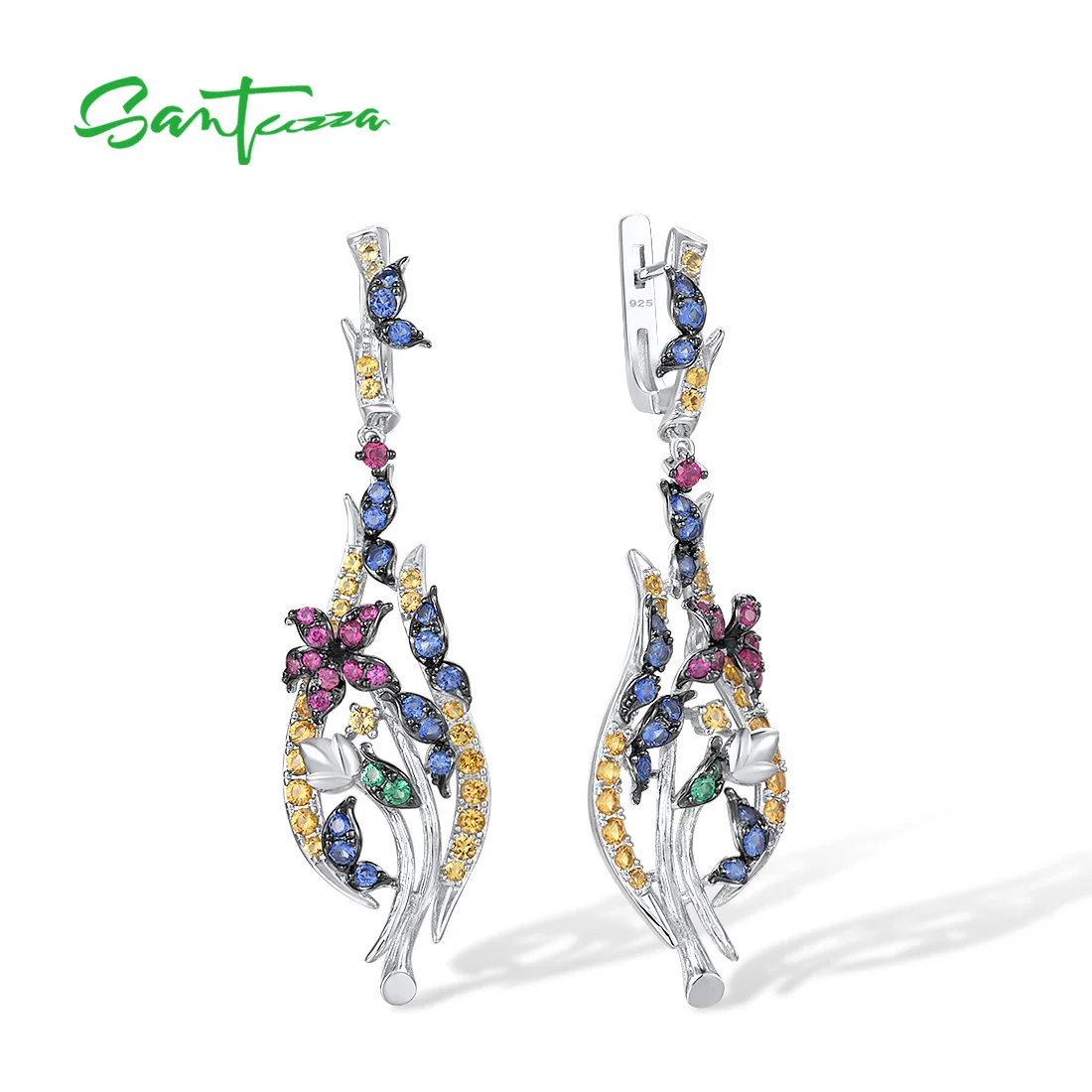 SANTUZZA Pure 925 Sterling Silver Earrings For Women Sparkling Colorful Stones Butterfly Dangling Earrings Fashion Fine Jewelry