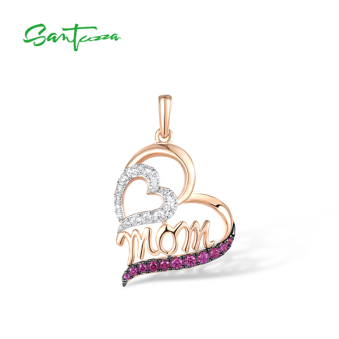 SANTUZZA 925 Sterling Silver Pendant for Women Created Ruby White Cubic Zirconia Love Heart Mothers Day Gifts Fine Chic Jewelry
