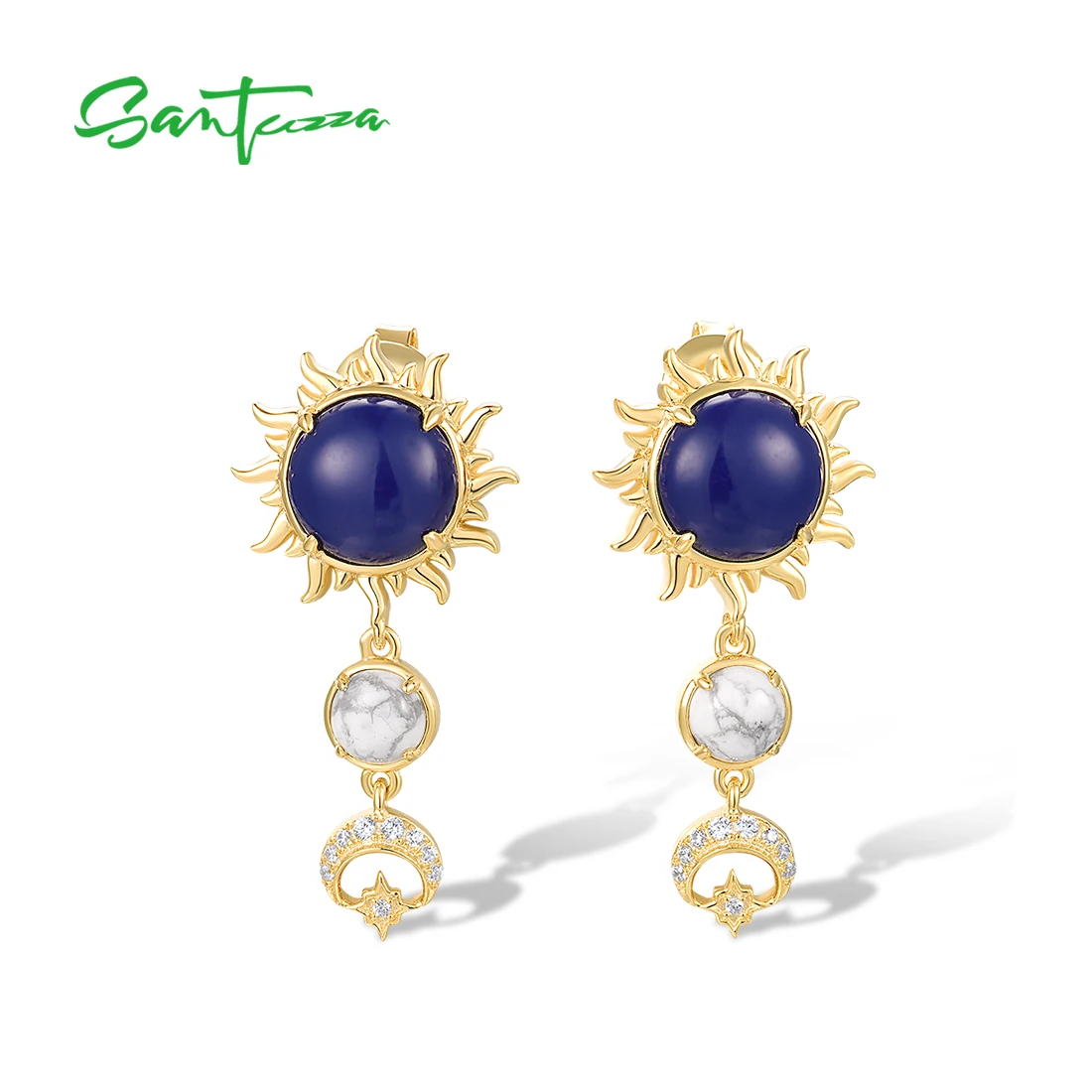 SANTUZZA Authentic 925 Sterling Silver Drop Earrings For Women Created Lapis White CZ Elegant Wedding Anniversary  Fine Jewelry