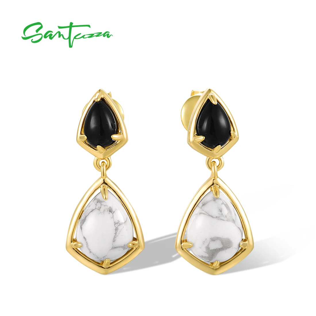 SANTUZZA Real 925 Sterling Silver Drop Earrings For Women Black Agate White Magnesite Delicate Party Gifts Fine Jewelry