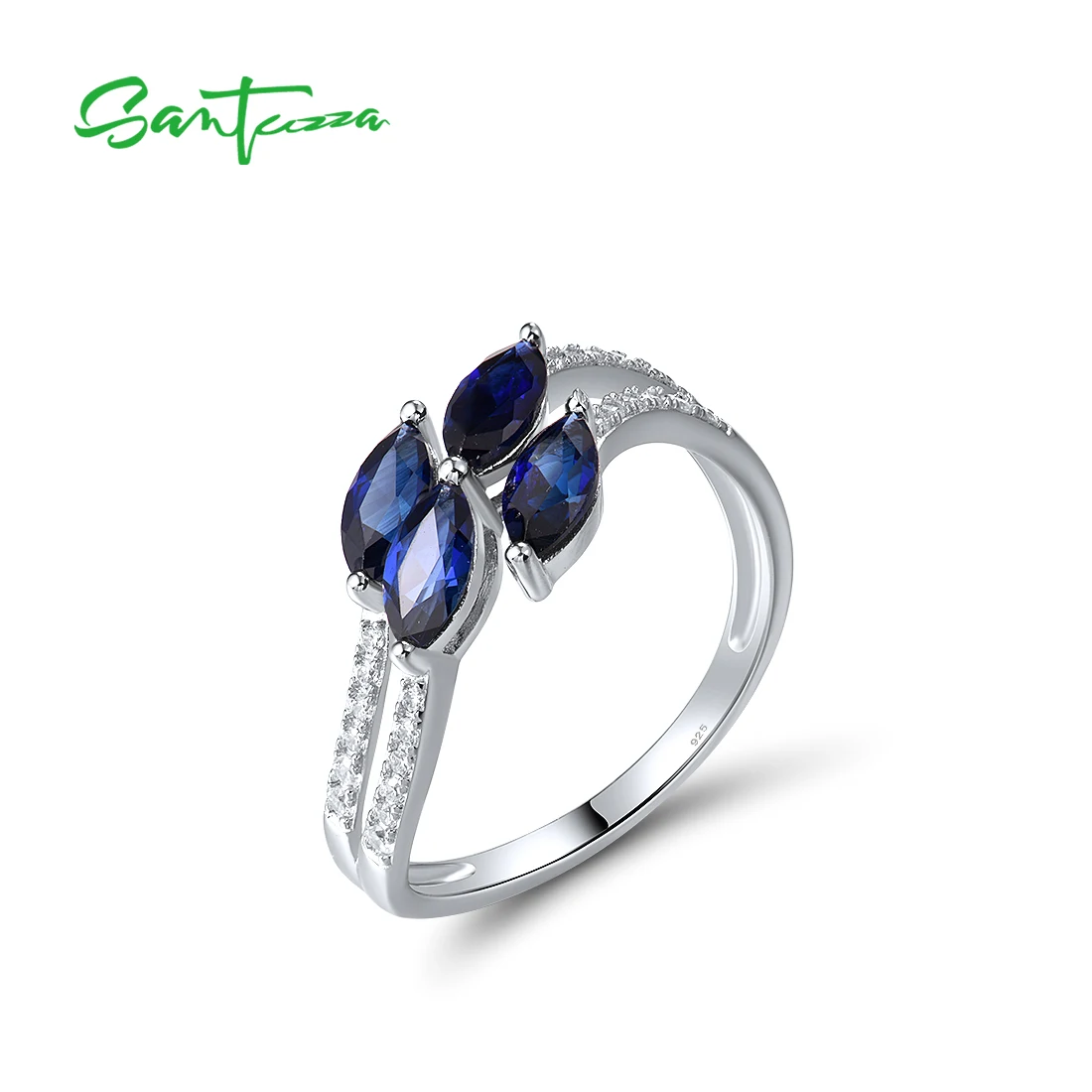SANTUZZA Real 925 Sterling Silver Rings For Women Sparkling White CZ Created Blue Sapphire Delicate Wedding Bride Fine Jewelry